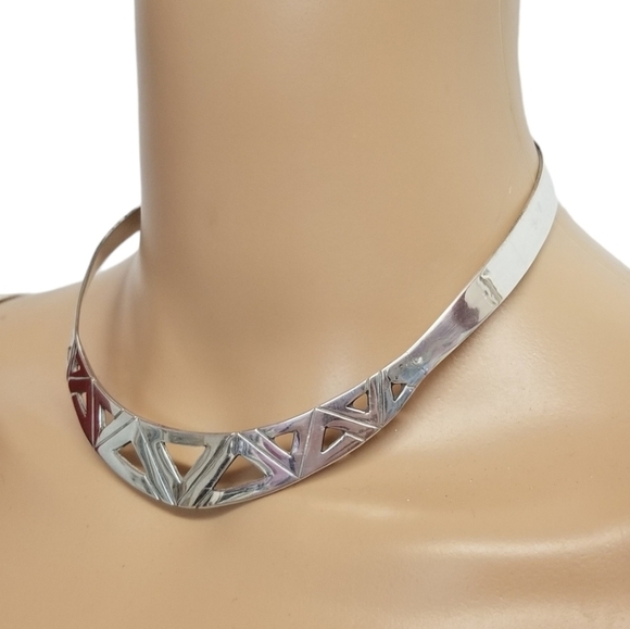VINTAGE TAXCO 1955 STERLING SILVER GEOMETRIC COLLAR STYLE STATEMENT NECKLACE - Picture 2 of 6